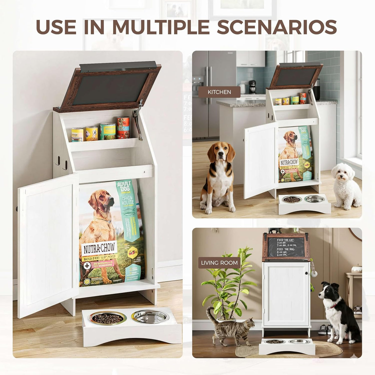 FIMELLO Dog Feeding Station with Storage, Dog Food Cabinet with 2 Hidden Feeding Bowls, Flip-Top Pet Storage Cabinet, Pet Food Holder, Black Grain