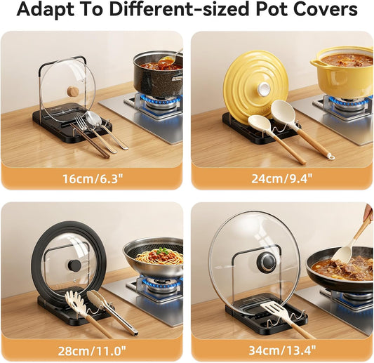 Pot Lid Holder with Innovative Wavy Spoon Rest, Foldable Pan Lid Organizer with 4 Nonslip Suction Pads, Anti-Rust Crock Pot Lid and Spoon Rest for Kitchen Counter & Stove Top, Grey