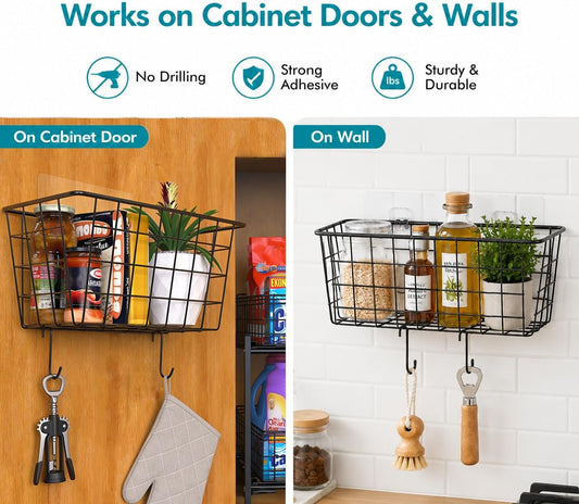 MaraFansie Hanging Kitchen Baskets, Wire Storage Basket Over Cabinet Door Organizer with Adhesive Hooks, No Drilling Pantry & Cabinet Organization for Kitchen Bathroom, Extra 2 Hooks, Black