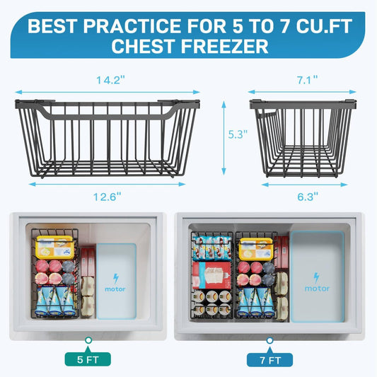 Freezer Organizer Bins, 4 Pack Stackable Chest Freezer Organizer for 5-7 Cu.FT Deep Freezer Sort Frozen Meats and Food, Freezer Storage Baskets with Handles Easy Reach from Bottom, Black | Chest Freezer Organizer for 5-7 Cu.FT Deep Freezer to Sort Frozen