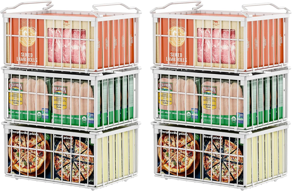 Freezer Organizer Bins, Enlarged Baskets for 5-9 Cu.FT Deep Freezer | Stackable Chest Freezer Organizer Bins, Foldable with Handles, White Storage Container Baskets for Sort Frozen Meats