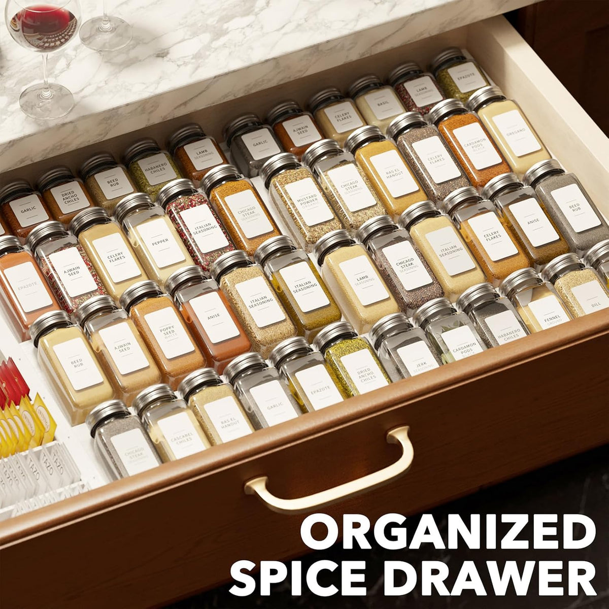 Bamboo Spice Drawer Organizer, (Need 3" Deep Drawer) Expandable 4 Tier Spices Rack for Cabinet, Kitchen Seasoning Storage Insert (Jars Not Included, From 12" to 23" Wide)