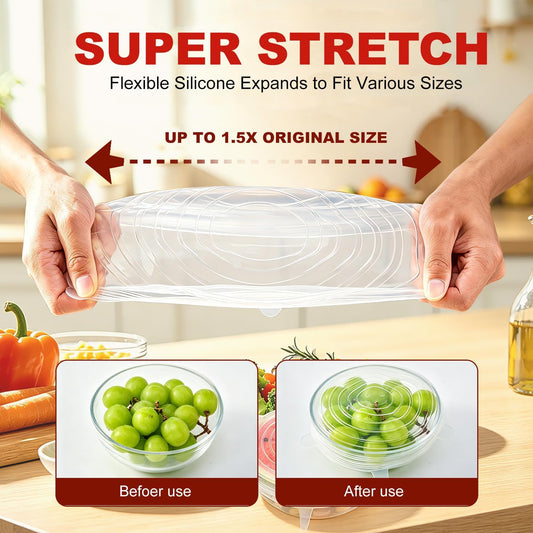 Reusable Silicone Stretch Fresh-Keeping Lids, 6 Sizes 2.6/3.6/4.4/5.5/6.3/7.5 Inches Food Storage Covers, Fit Cup, Bowl, Plate, Fruit and Glass Bowl to Keep Food Fresh