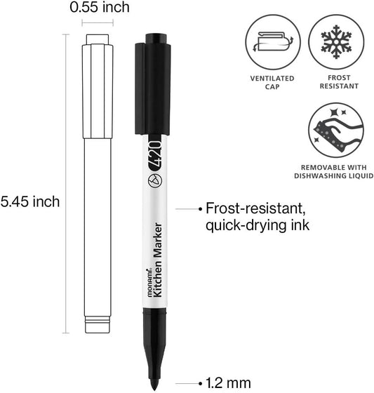 Kitchen Marker 420, Fine Tip (1.2mm), Permanent Marker for Plastic Freezer Bags, Food Storage Containers, Ziploc, Erasable with Dish Detergent, Black, 1pc
