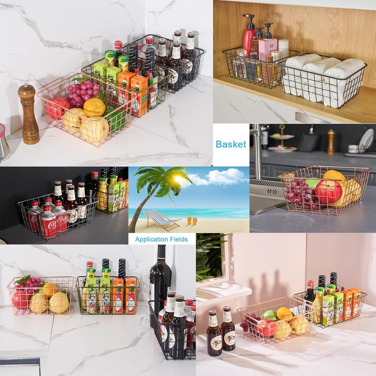 JUNCHU CHERRY Wire Kitchen Storage Basket 4 Packs,Perfect Pantry Organization Accessories Basket,Laundry Basket,Countertop Organization, Suitable for Kitchen,Bathroom,Bedroom,Tabletop,Stackable,Bronze