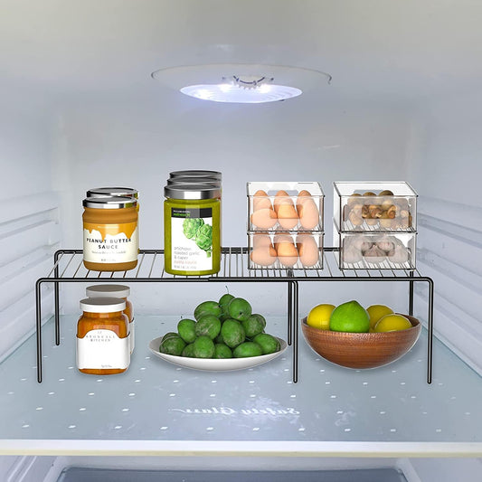 Kitchen Cabinet Expandable Shelf Organizers Set of 2, Adjustable Metal Wire Pantry Storage Shelves, Plate Dish Organizer Rack for Cabinets, Cupboard, Counter, Freezer, Countertop, White