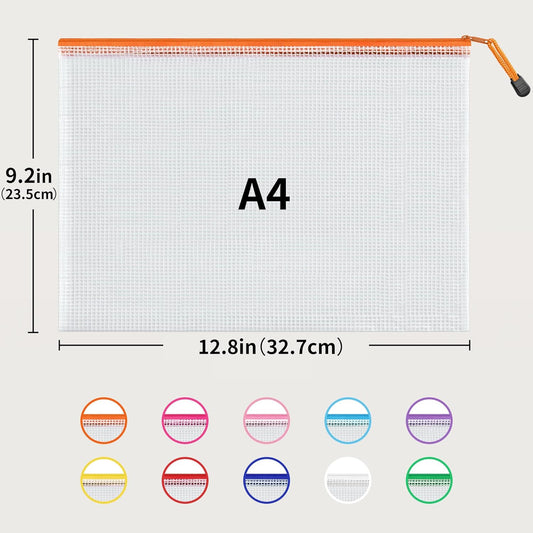 A4 Mesh Zipper Pouch Bags, Waterproof Zipper Pouch Bags | Multi-use Mesh Bags for Board Games & Puzzles, Office School Supplies, Toys, Cosmetics Travel Storage, 10 Colors, Lettle Size