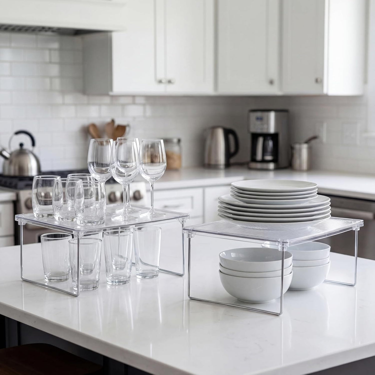 Kitchen Storage Accessories, Foldable Shelf 2 Pack Stackable shelf cabinet organizer, for pantry, countertop, saving your kitchen storage space.