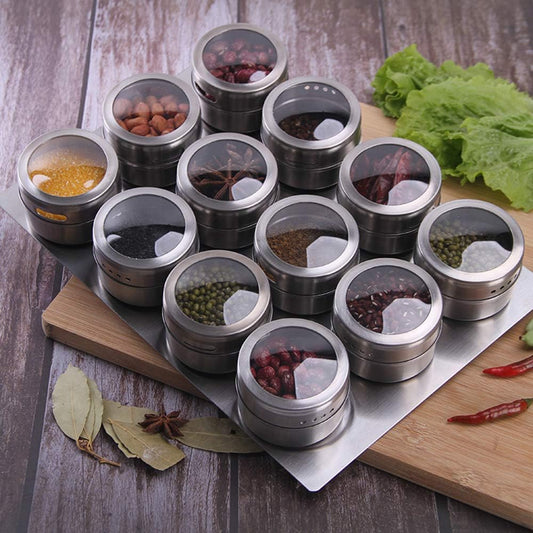 12 Magnetic Spice Jar Containers Spice Tins - Wall Mounted Stainless Steel Base - Easy to Install