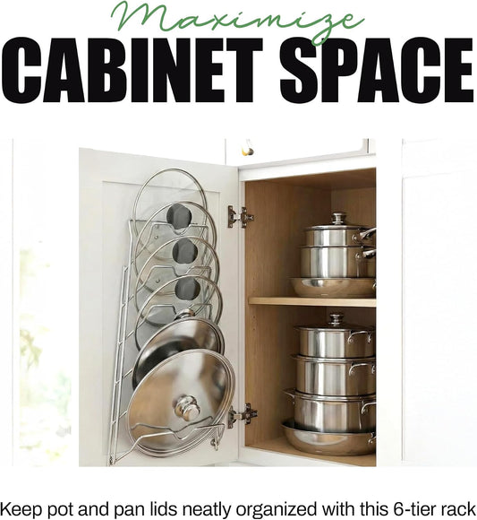 6-Slot Pot Lid Organizer, Cabinet Door or Wall Rack, White, 1-Pack | Six slots organize glass and metal pot or pan lids; mount on a cabinet door or pantry wall to maximize kitchen storage.
