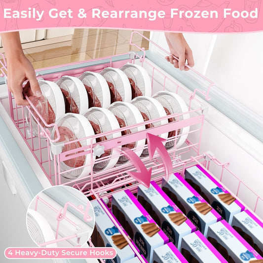 Stackable Chest Freezer Organizer Bins - White, 4 PCS | Expandable from 11.0"-17.5", Suitable for 10 to 20 Cu.Ft Freezers Sorting Frozen Foods