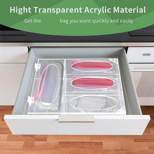Acrylic Food Bag Storage Organizer, Acrylic Kitchen Drawer Bag Box Holder For Gallon Quart Sandwich And Snack, Compatible With Variety Size Bags Dispenser