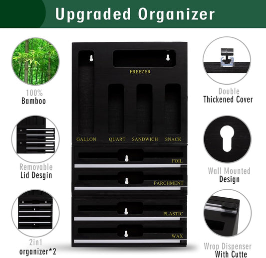 9 In 1 Storage Bag Organizer And Plastic Wrap Dispenser With Cutter, Bamboo Foil and Plastic Wrap Organizer