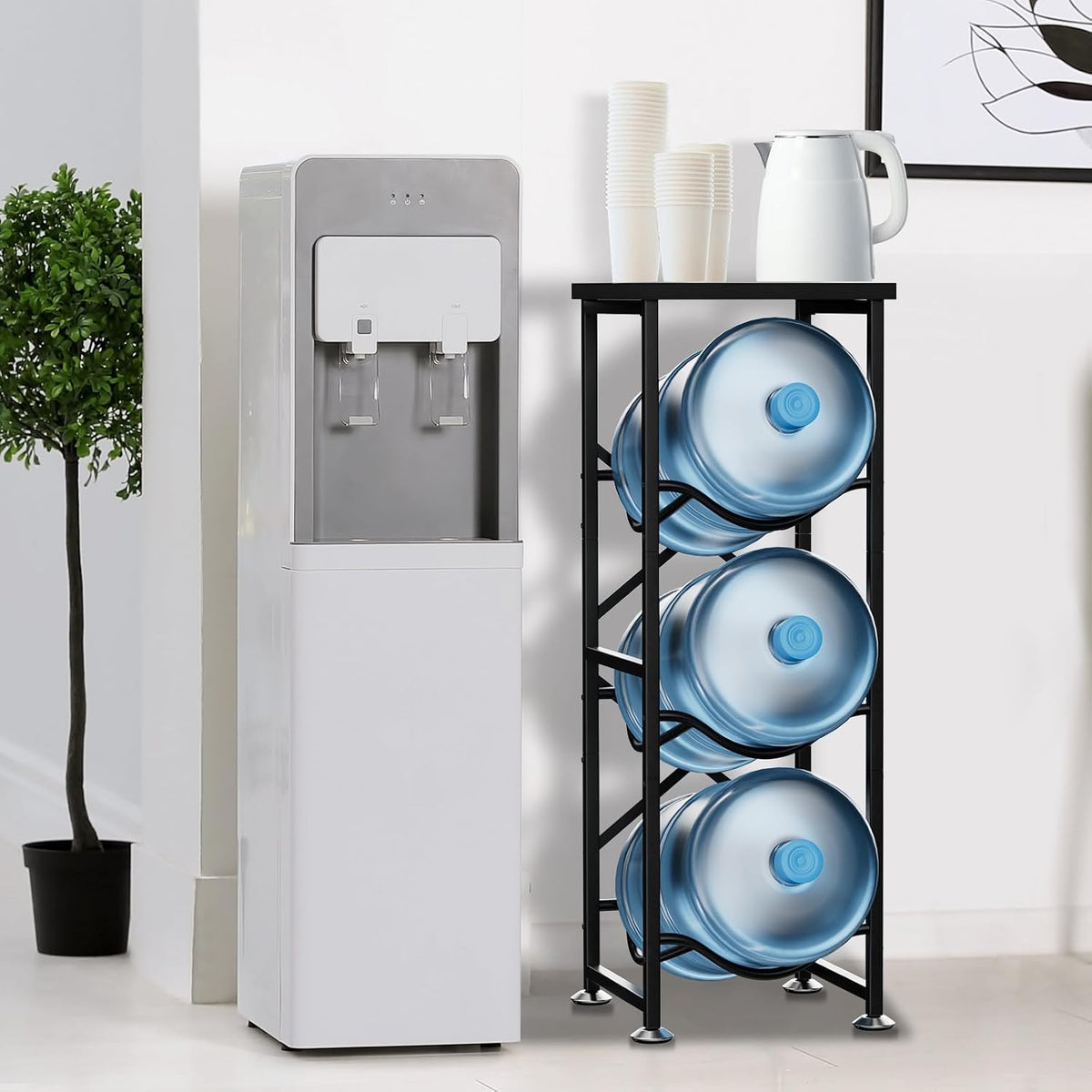 5 Gallon Water Jug Holder, 3-Tier Water Bottle Holder with Wood Top Shelf, Heavy Duty Water Cooler Jug Rack, Water Dispenser Storage Stand for Office and Living Room