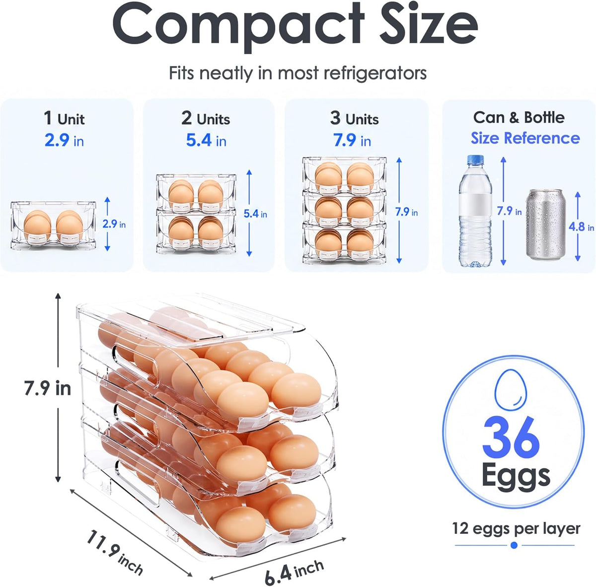 24-Egg Dispenser with Silicone Bumpers, Auto-Rolling, Stackable | BPA-free food-grade PET | Stackable with lid | Built-in handle | Fits Large to Jumbo Eggs | Hand wash only