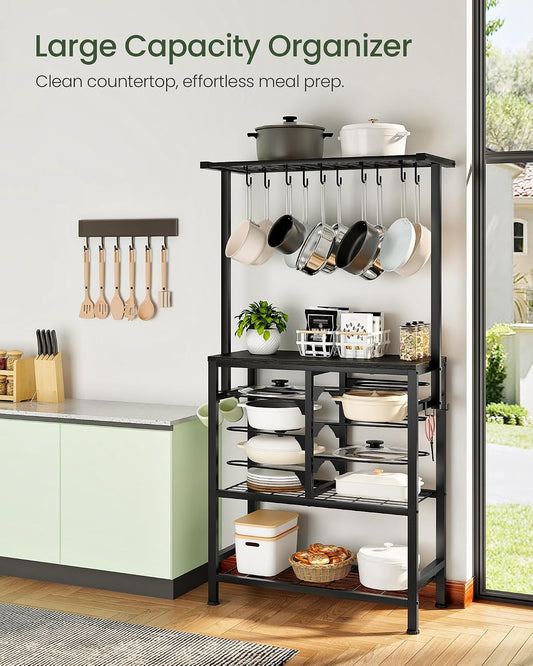 Pots and Pans Organizer Rack, Kitchen Bakers Rack, Multi-Tier Storage Shelf, Kitchen Island Table, Cooking Rack with Pots and Pans Storage, Rustic Brown and Black TPR60BF