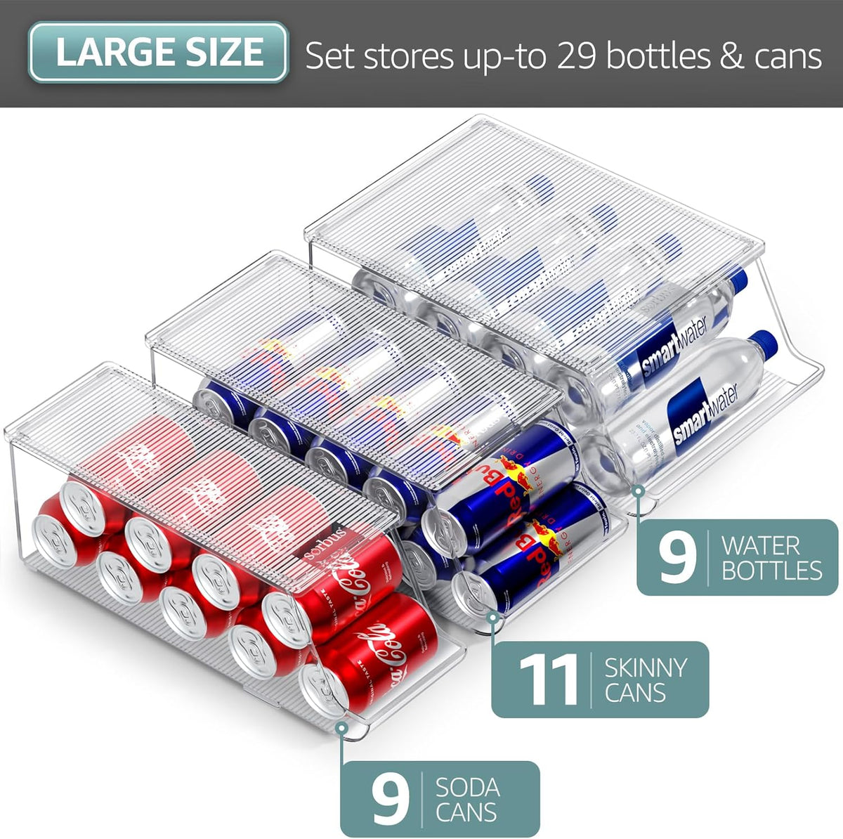 Fridge & Pantry Can Organizer - 3 Size Dispenser for Standard, Skinny Cans & Water Bottles