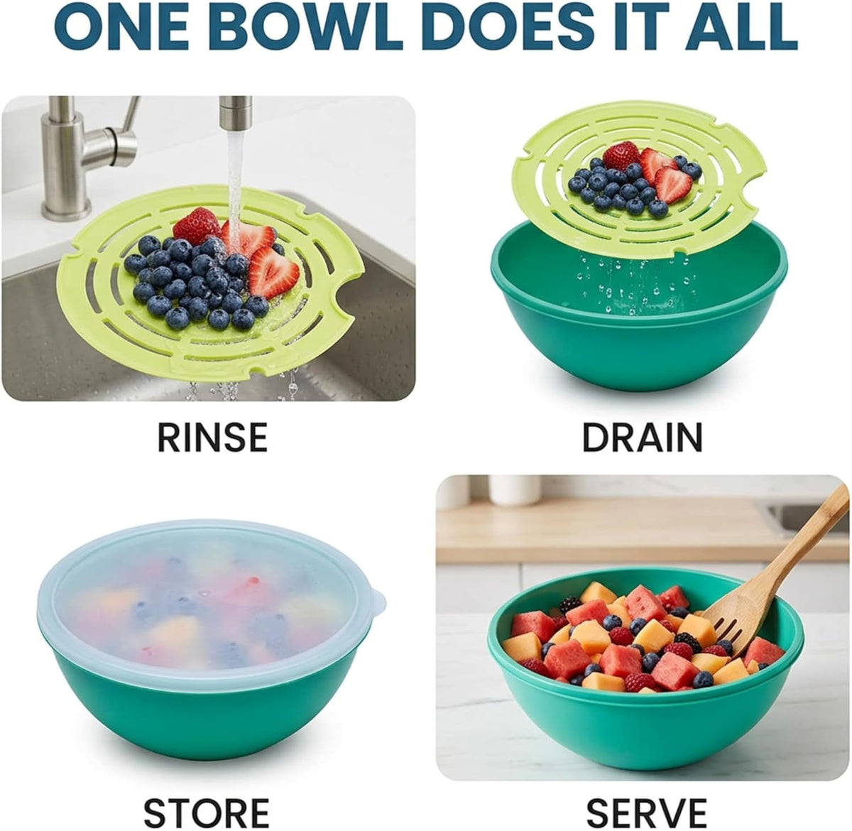 Watermelon Salad Bowl with Strainer and Lid - Self-Draining | Lid - Self-Draining Container, Fruit, Vegetables, Mixed Greens - Includes Nesting Colander, Snap-Tight Storage Lid
