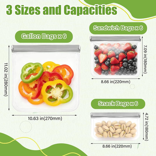 9 Pack Reusable Silicone Food Storage Bags - Freezer & Dishwasher Safe Leakproof Reusable Bags, Freezer Storage Bags Sets - 3 Gallon 3 Snack 3 Sandwich Bags