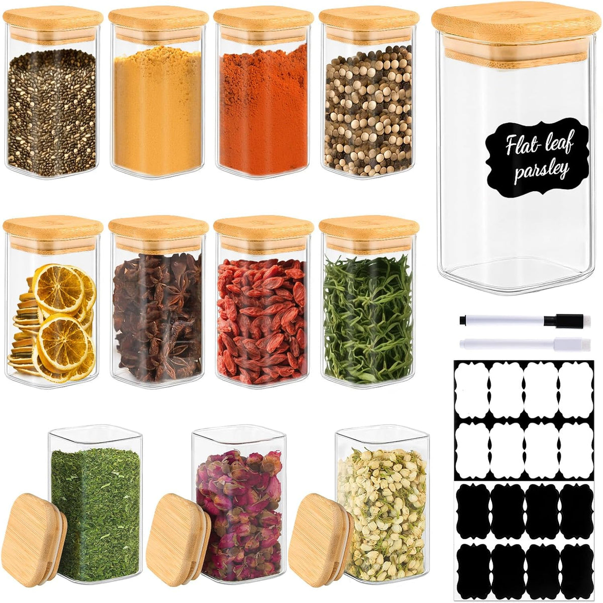 12 Pack 4 oz Square Glass Spice Jars with Lids and Labels – Airtight Small Seasoning Containers Set, Clear Glass Storage Jars for Seasoning, Spices, Kitchen Pantry Organization