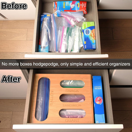 Baggie Organizer for Drawer Compatible with Ziplock Food Storage Bag, Sandwich Bag Organization for Kitchen Drawer, Plastic Baggie Storage Box for Pantry(Bamboo)