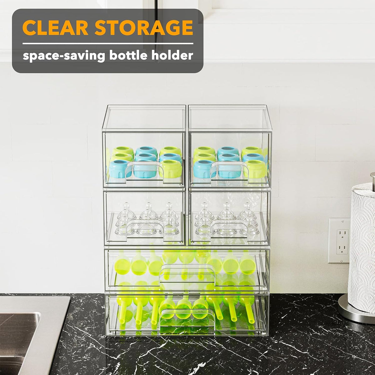 Bottle Storage Organizer Baby - Acrylic Bottles Station Organizer Container, Stackable Clear Drawers for Countertop, Vanity, Bathroom, Cabinet, Pantry Organization, 2S2M1L, 15.4" H