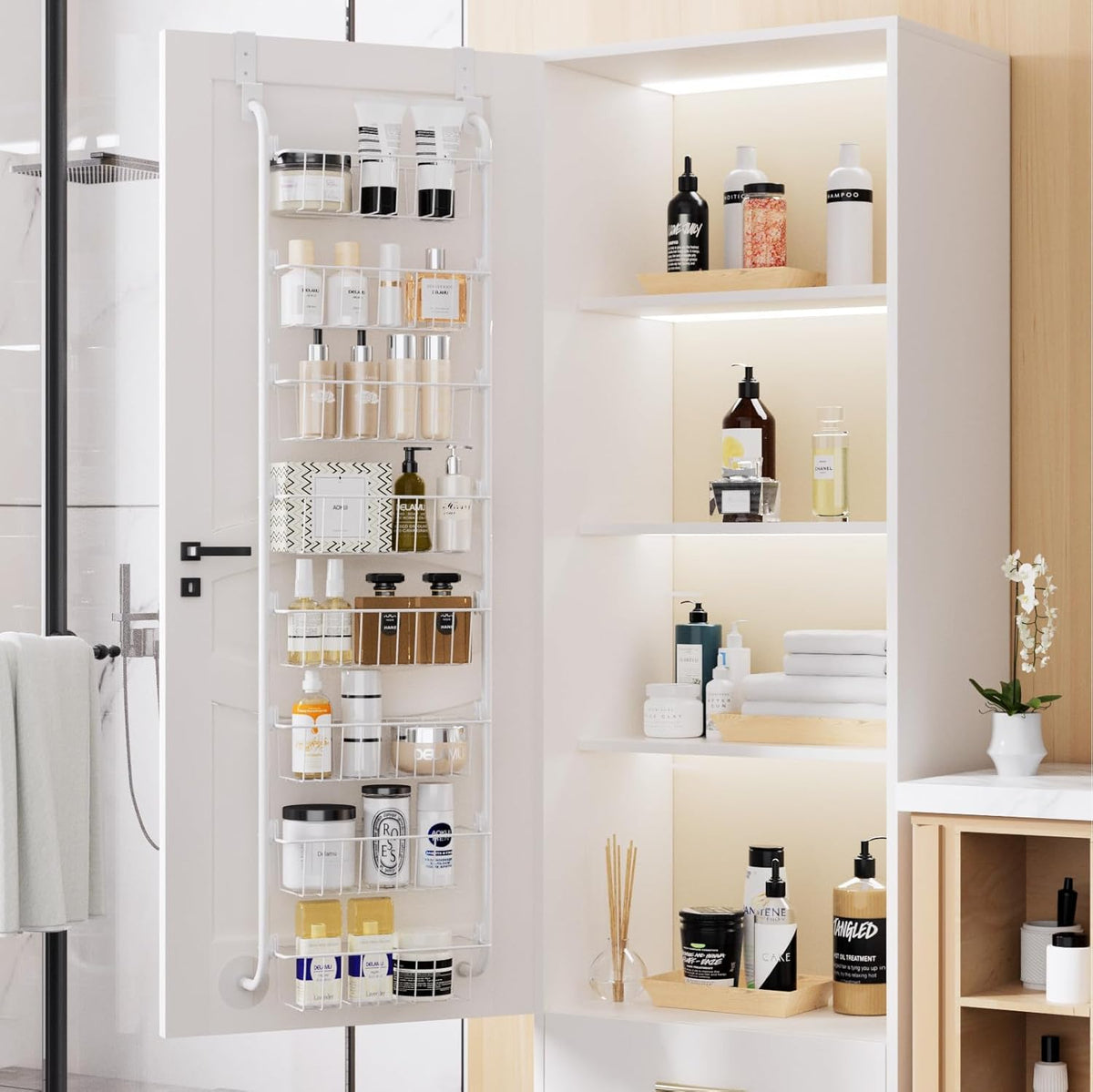Delamu Over the Door Pantry Organizer, 6-Tier Metal Pantry Door Organization and Storage, Hanging Kitchen Basket Spice Rack Seasoning Shelves, Cabinet Door Organizer for Easy Install,D5xW18xH50inch