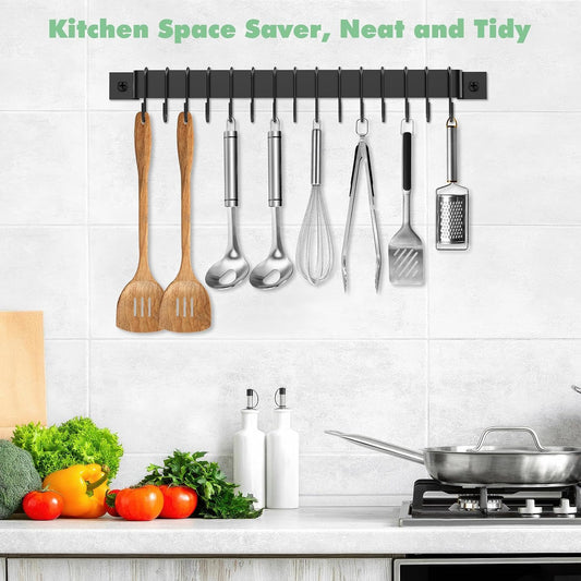 Wall Mounted Kitchen Rail Utensil Rack Hanger with 15 Hooks