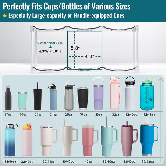 Acrylic Water Bottle Organizer, Hold Stanley 40 OZ Cup & Large Bottles & Tumblers w/Handle - Stackable Clear Bottle Holder Rack for Home Kitchen Pantry Shelf Countertop Cabinet, 4 Tier Hold 12