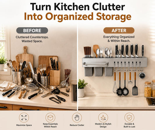 Kitchen Utensil Rack Wall Mount 24 Inch, Kitchen Utensil Hanger & Utensil Rail with 10 Hooks, 3 Storage Cups and Knife Holder, Kitchen Utensil Hanging Rack, No Drill Adhesive or Screw Installation
