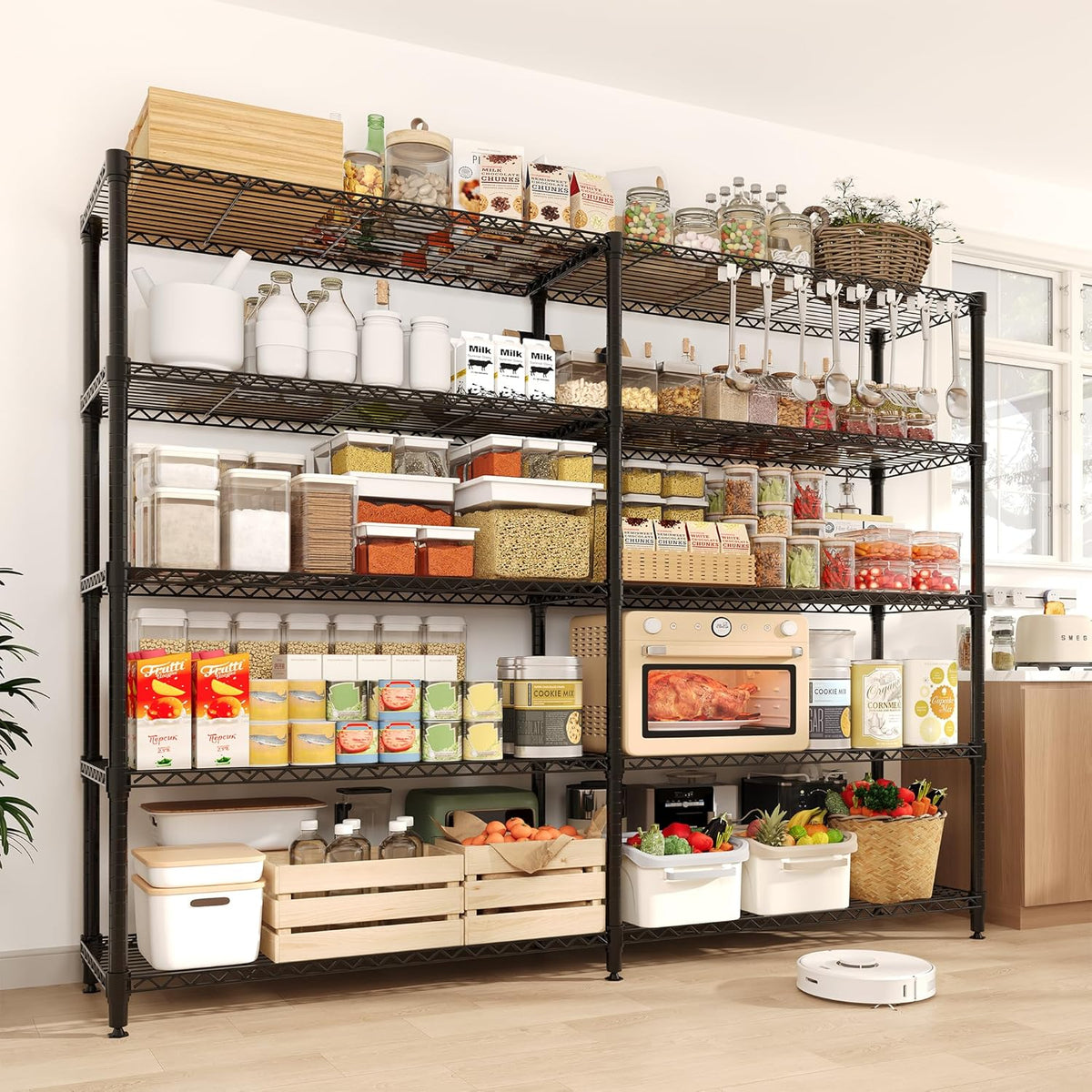 5-Tier Metal Storage Shelves, 60" Wide Wire Shelving Unit, 1325LBS Load Heavy Duty Adjustable Corner Standing Shelf Rack, H/L-Shaped, for Garage. Kitchen, Pantry, Basement,13.8" D x 70.5" H