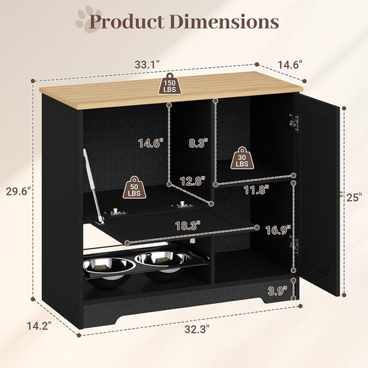 Dog Food Storage Cabinet with 2 Raised Dog Bowls and Storage