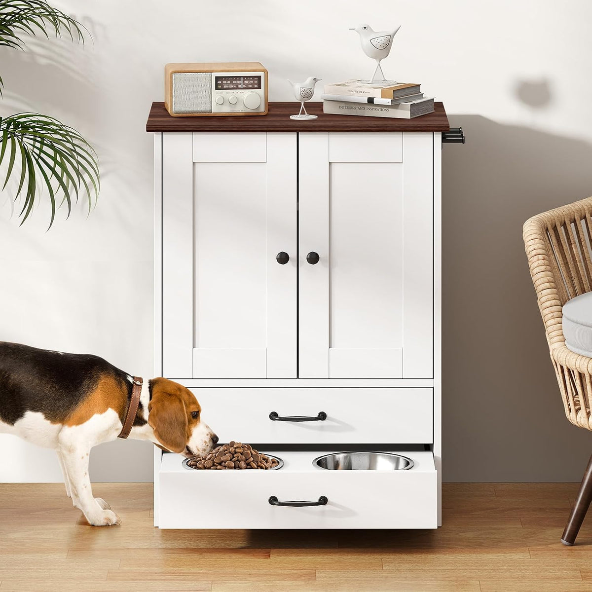 Dog Food Storage Cabinet with 2 Raised Dog Bowls and Storage