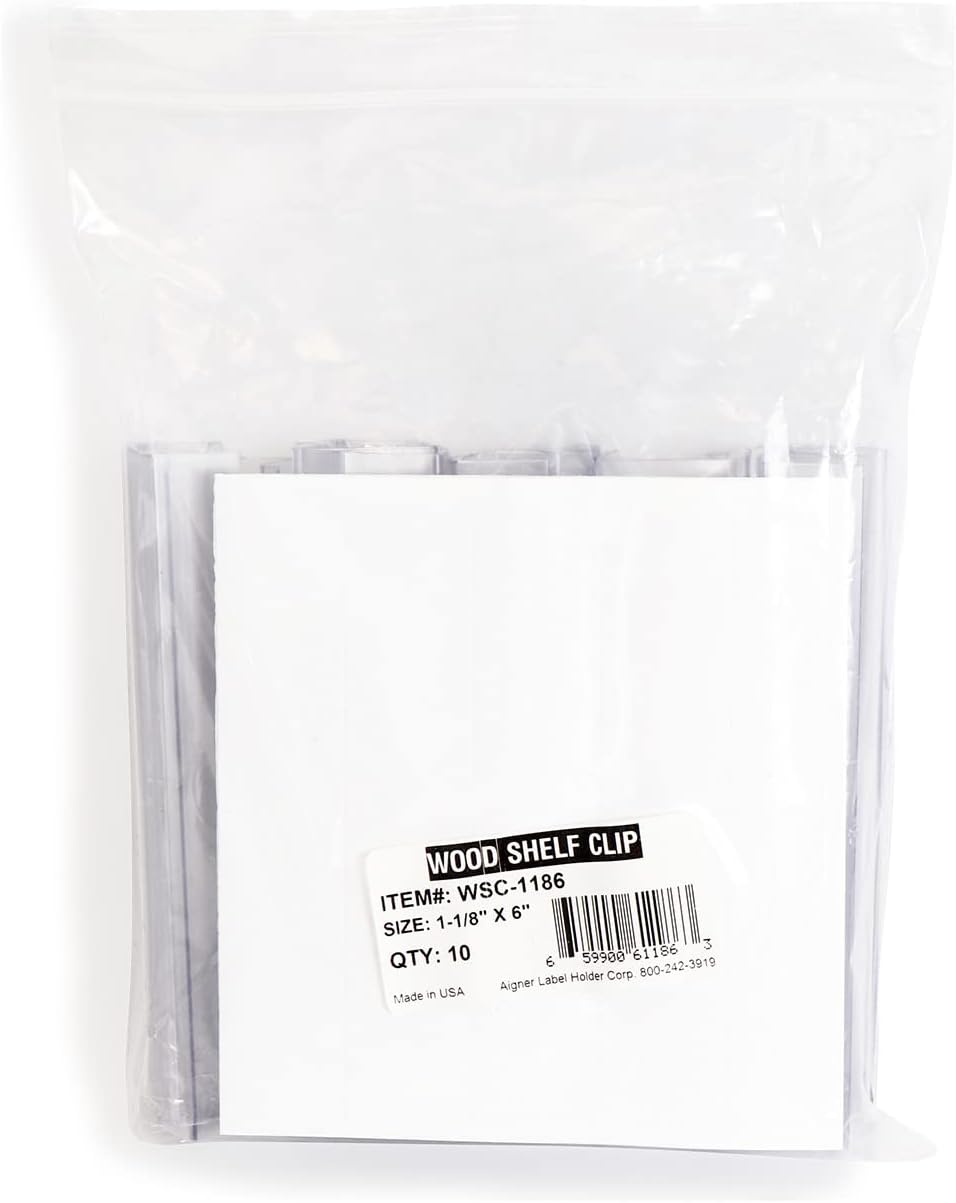Shelf Clip Label Holder | 0.875" x 6" Clear Plastic, for .75" Thick Shelves, 10 Holders/Pack