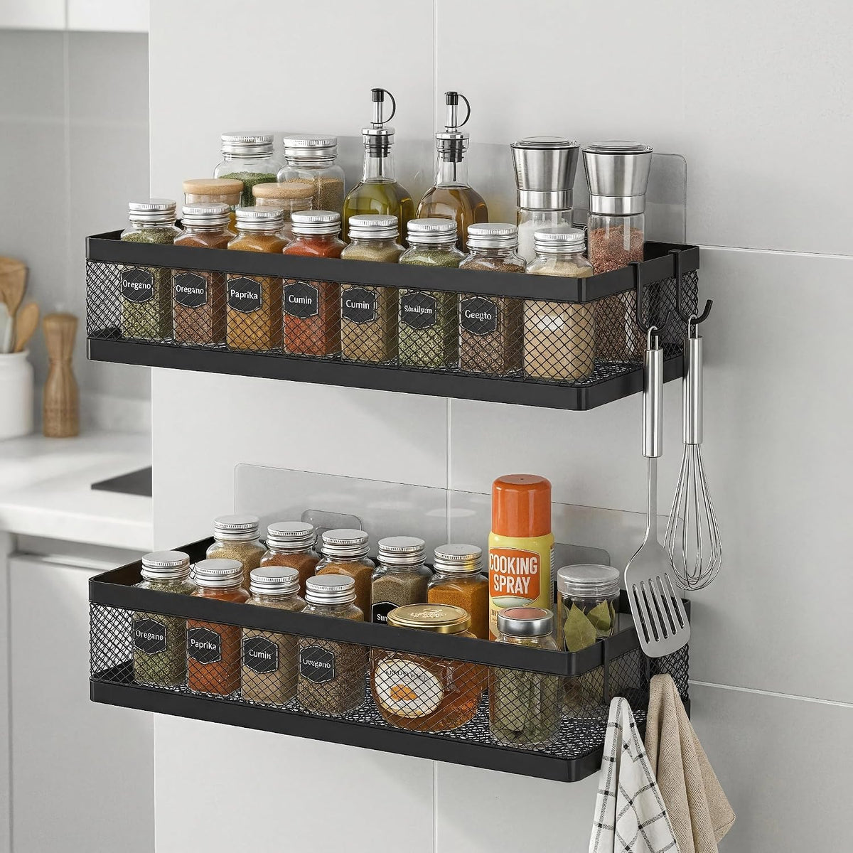 Mesh Shower Caddy Wall Mount, Heavy Duty Adhesive Bathroom Shelf Organizer, Rustproof Floating Spice Rack for Kitchen Pantry, Holds 50 LBS, Multi-Purpose Storage Black-2 Packs (Netting)