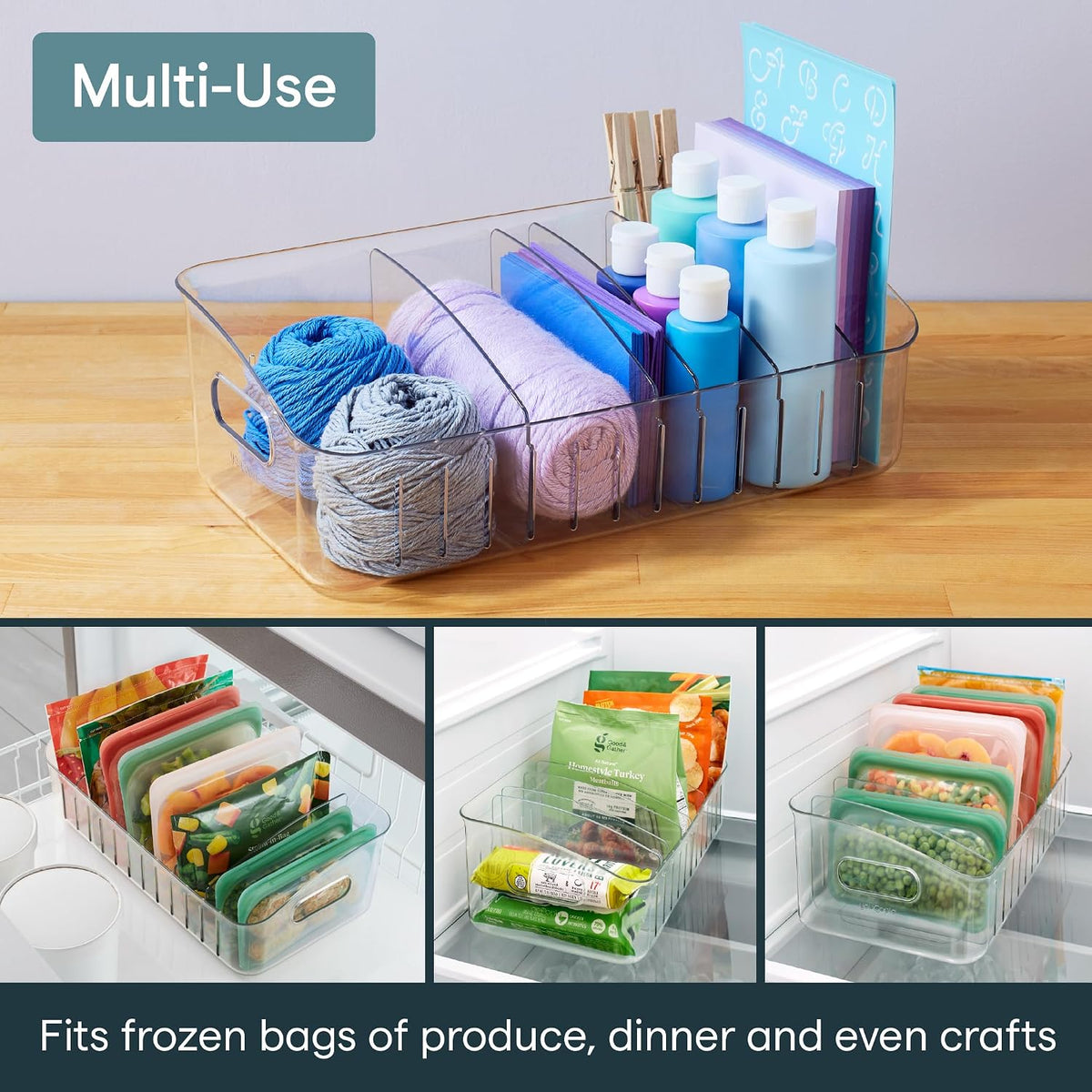 FreezeUp Freezer Bin 15", BPA-Free Clear Fridge Organizer with Adjustable Dividers and Handles for Frozen Food and Leftovers