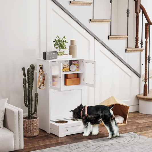 Dog Feeding Station, 2 Storage Cabinets, Elevated Dog Bowls, White