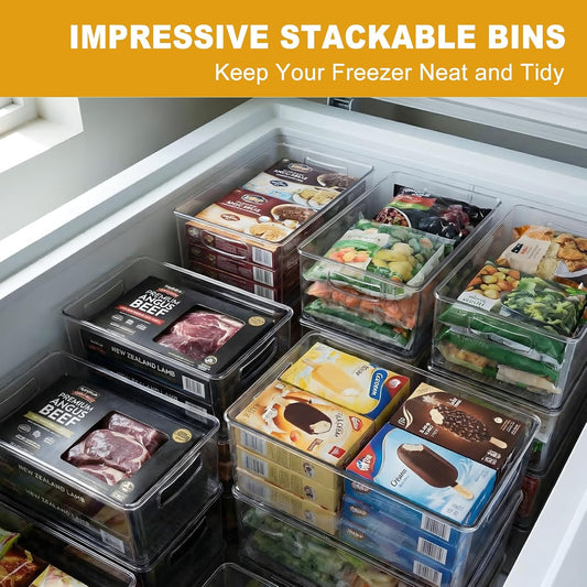 8 Pack Freezer Organizer Bins,Stackable,Clear Bins for Fridge,Pantry | Straight Side, 3 Sizes, 2 XL Storage Container, 3 Large Cabinet Organizer, 3 Medium Storage Drawer