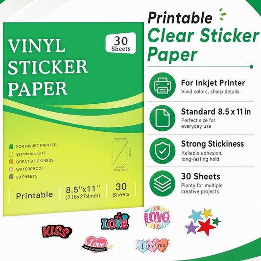 30 Sheets Printable Clear Sticker Paper for Inkjet Printer, Premium Vinyl Transparent Sticker Paper Waterproof, Dries Quickly, Vivid Colors, 8.5x11" Labels Great for Cutting Machines