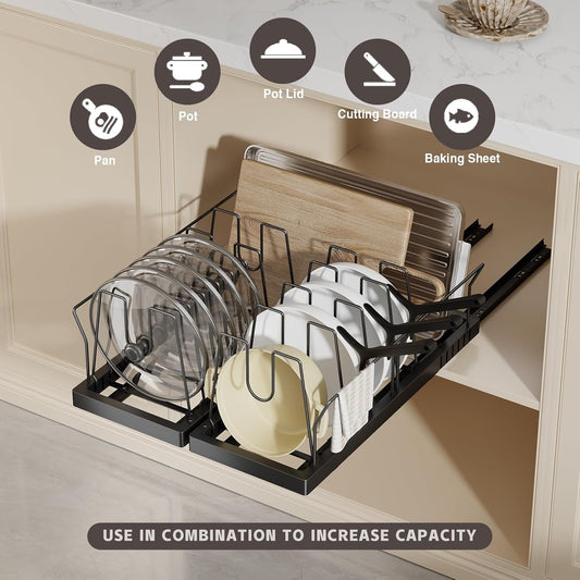 Pots and Pans Organizer Under Cabinet, 22" Deep Expandable Pull Out Pot Lid Organizer and Storage with 10 Adjustable Dividers No Drill Pot and Pan Holder Rack with Handle Bracket(Black)