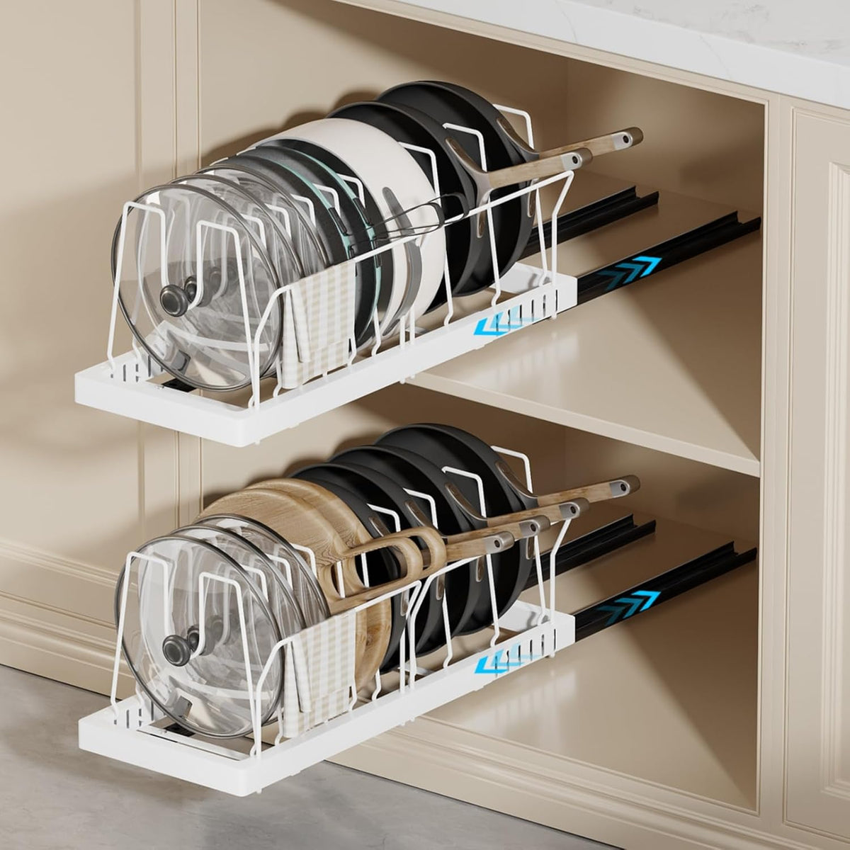 Pots and Pans Organizer Under Cabinet, 22" Deep Expandable Pull Out Pot Lid Organizer and Storage with 10 Adjustable Dividers No Drill Pot and Pan Holder Rack with Handle Bracket(Black)