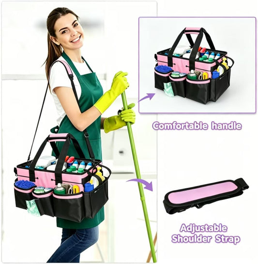 Cleaning Caddy Bag for Cleaner & Housekeepers, Car Trunk Organizer | Pink Cleaning Tote, Extra Dual Side Handles for Two-Handed Lifting, Shoulder Strap, 4 Compartments for Cleaning Supplies