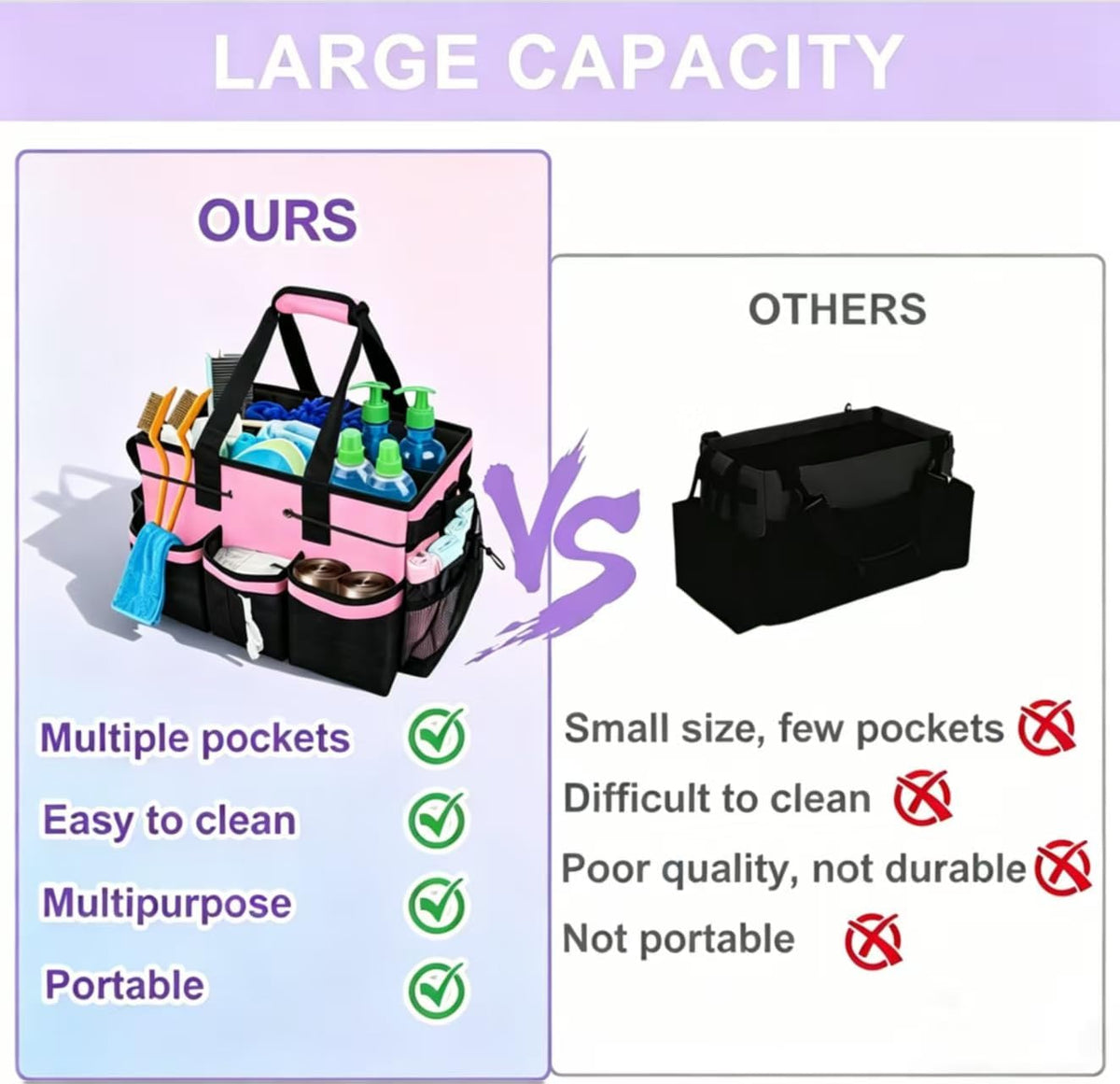 Cleaning Caddy Bag for Cleaner & Housekeepers, Car Trunk Organizer | Pink Cleaning Tote, Extra Dual Side Handles for Two-Handed Lifting, Shoulder Strap, 4 Compartments for Cleaning Supplies