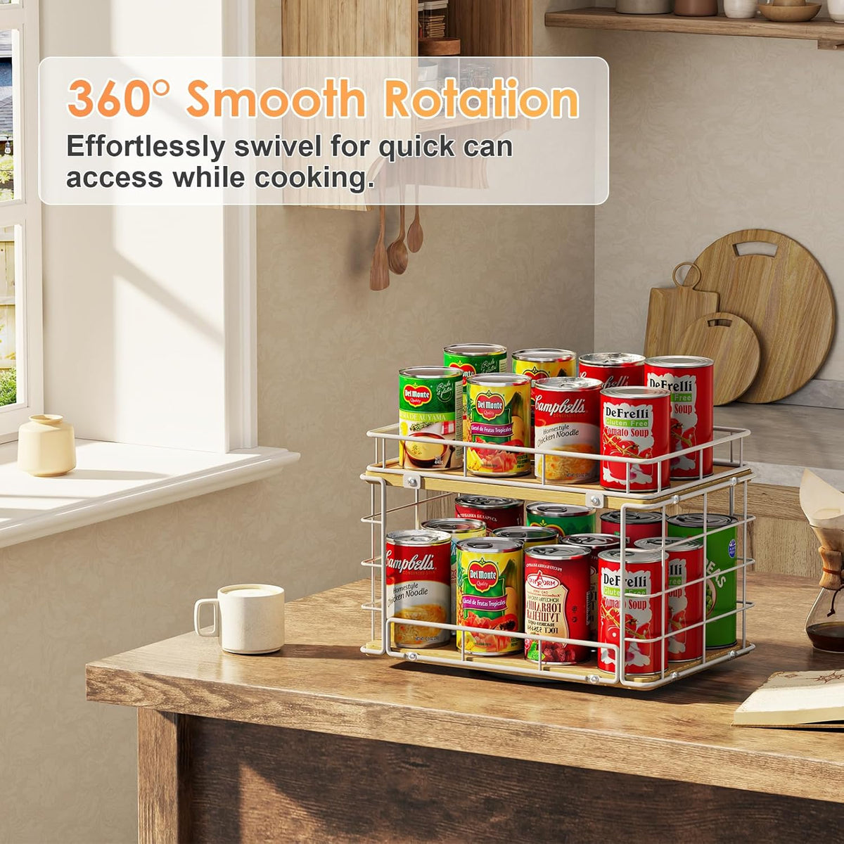 360° Rotating Can Rack Organizer for Pantry, 2-Tier Lazy Susan Can Organizer Holds Up to 26 Soda Cans, Metal Wire & Wood Shelf with Turntable Storage for Kitchen Cabinet, Pantry & Countertop