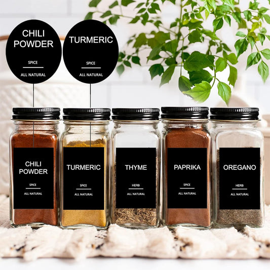 191 Spice Jar Labels Preprinted Minimalist Stickers - Matte Black Waterproof Label - Fit Round or Rectangle Spice Jars - Herb Seasoning Kitchen Pantry Labels
