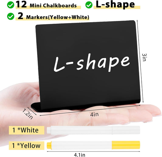12 Pcs 4"x3" Food Labels for Party Buffet, Mini Chalkboard Signs | L Shape, 2 Markers, PVC Food Signs Name Cards, Small Chalk Board, Easy to Clean & Reusable, Outdoor, Birthday Weddings Bakery