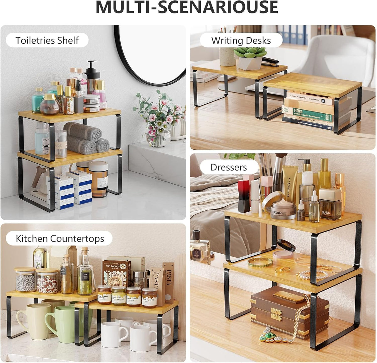 Bamboo Cabinet Organizer Shelf, Set of 2 Kitchen Counter Shelves, Stackable Expandable Spice Rack Kitchen Storage, Black and Natural Beige