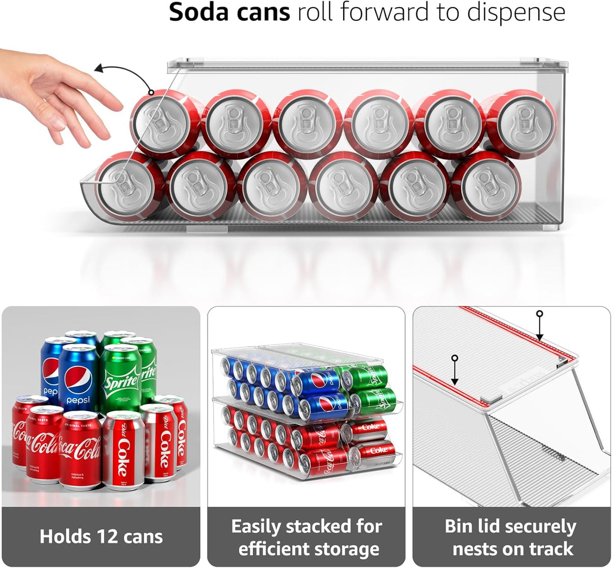 Soda Can Organizer for Fridge & Freezer, Stackable with Lid