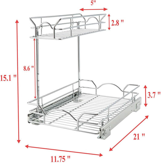 Under Sink Cabinet Organizer Two Tier Pull Out Shelf (11.75W x21D), Under Sink Sliding Shelf for Kitchen Bathroom Cabinet 2 Tier Chrome