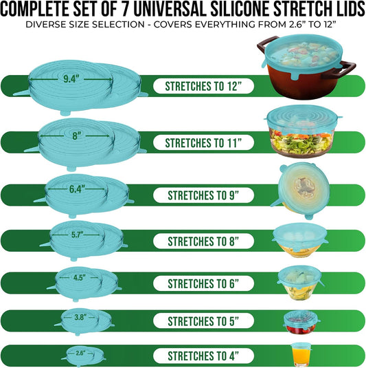 Reusable Silicone Stretch Lids for Food Storage in Fridge - Elastic Heat-Resistant Bowl Covers, Cups, Cans, Jars - Universal Food Grade Lid for Round and Rectangle Containers -7 Pack